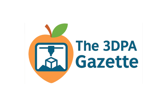 Logo of The 3DPA Gazette featuring a 3D printer inside a peach.