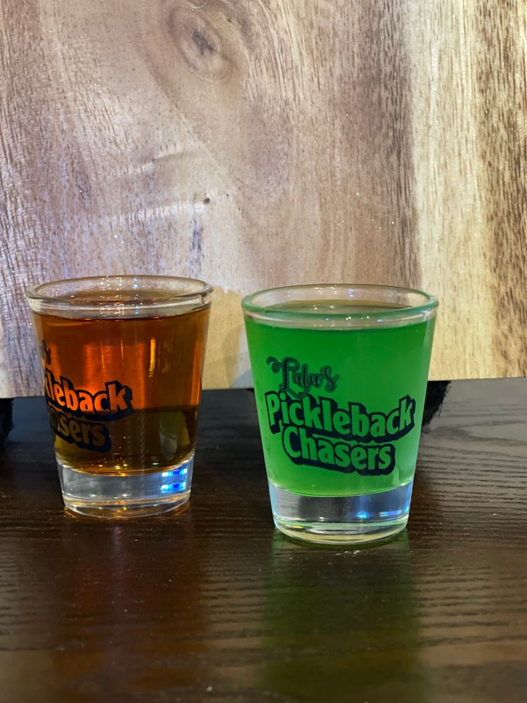 LuLu's  Pickleback Chasers glasses with two different Drinks