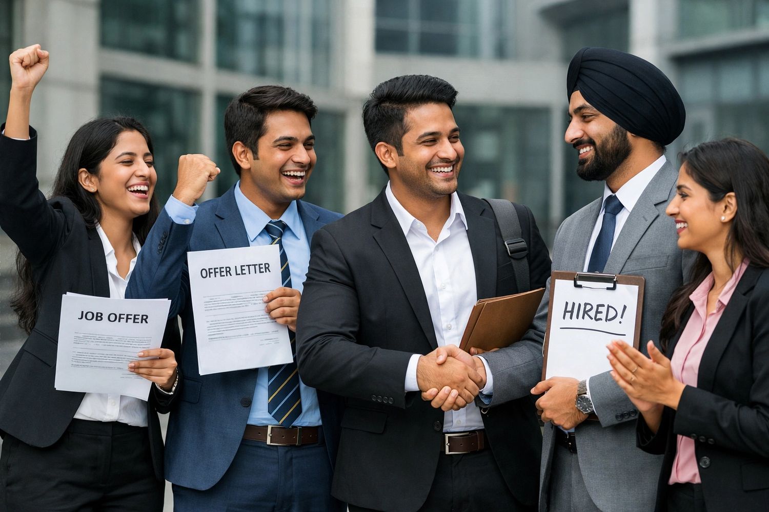 Group of professionals celebrating job offers and a successful hiring.