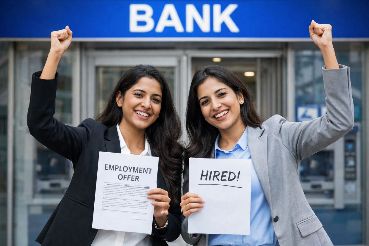 Two women celebrating job offers outside a bank with smiling faces and raised fists.