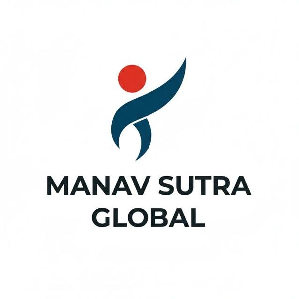 Logo of Manav Sutra Global with abstract human figure and text.