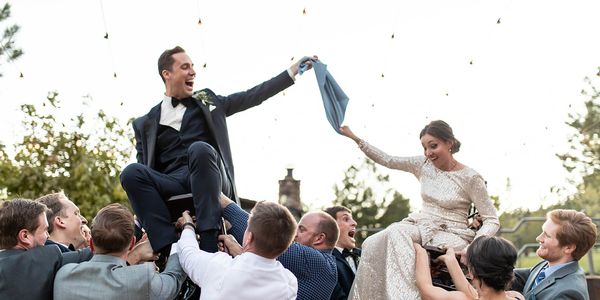 Jewish chair dance; outdoor dance party; spruce mountain ranch wedding
