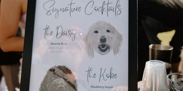Signature drink sign at a wedding in Bailey, Colorado;
Mountain wedding;
Dogs in weddings
