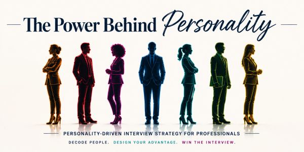 Silhouettes of professionals with the text about personality in interviews.