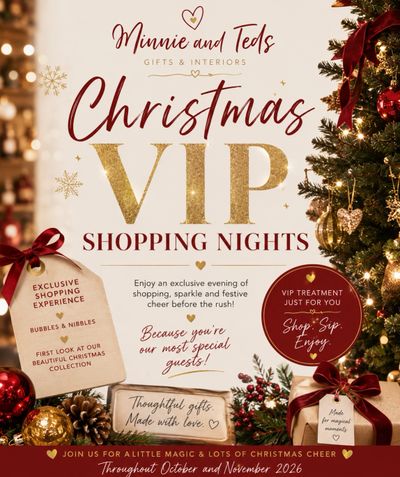 Christmas VIP Shopping Nights invitation with festive decorations and gifts.