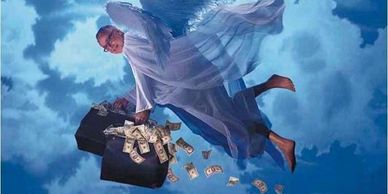 Man flying in the sky with money flowing out of a briefcase.