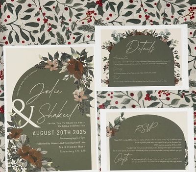 Green rustic boho wedding invitations, arch, green, bespoke wedding invitations. 
