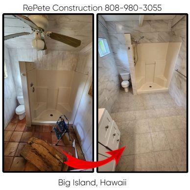 Before and after bathroom renovation by RePete Construction in Hawaii. RePete Construction handles plumbing repairs and upgrades for a remodeled bathroom in Keaau, Hawaii