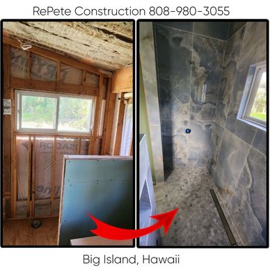 Before and after bathroom renovation by RePete Construction in Big Island, Hawaii. RePete Construction upgrades a bathroom with new tile, plumbing, and lighting 