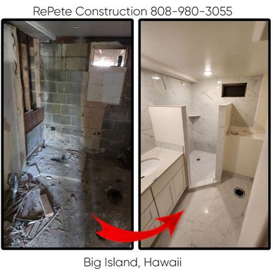 Before and after bathroom renovation in Big Island, Hawaii. RePete Construction performs plumbing installation for a newly remodeled bathroom in Hilo