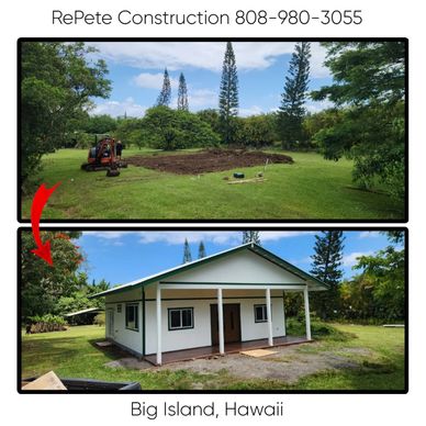 Construction progress from land clearing to a finished home in Hawaii.RePete Construction completes a full-service home improvement project with flooring, tile, cabinets, and plumbing in Hilo.