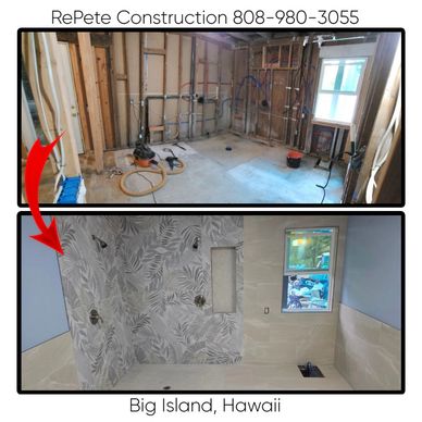 Before and after bathroom renovation in Big Island, Hawaii. RePete Construction offers trusted construction services for kitchens, bathrooms, windows, doors, and renovations in Hilo and Keaau, Hawaii