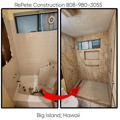 Before and after bathroom renovation with new tile shower. RePete Construction upgrades a bathroom with new tile, plumbing, and lighting in Keaau, Hawaii