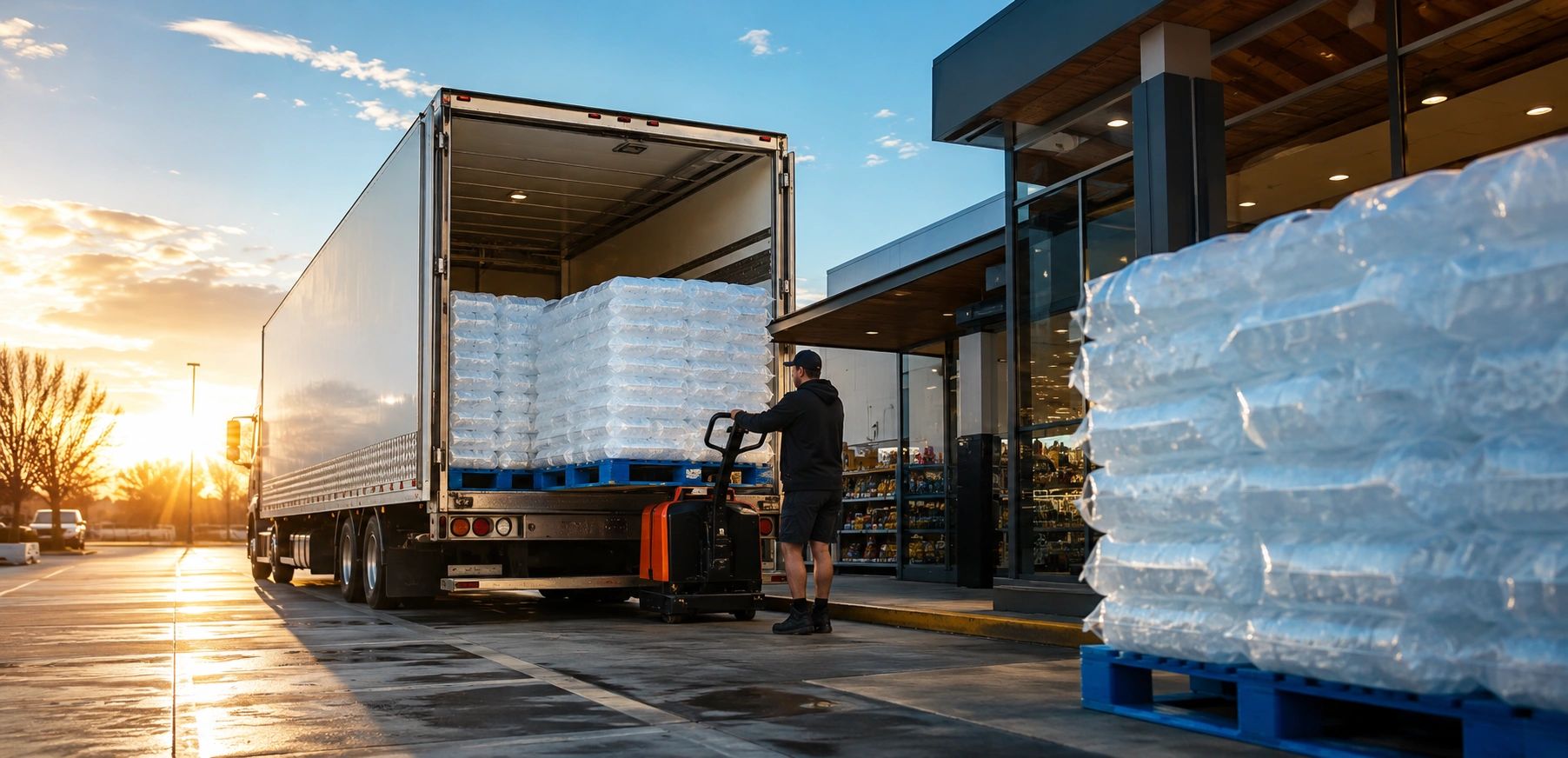 Man unloading water pallets from a truck at sunrise.