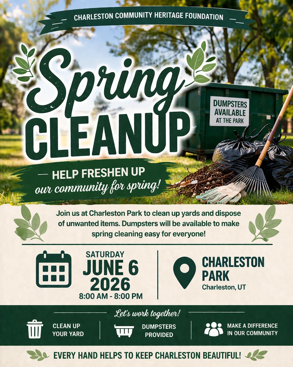 Flyer for Charleston's Spring Cleanup event with dumpsters and yard cleaning.