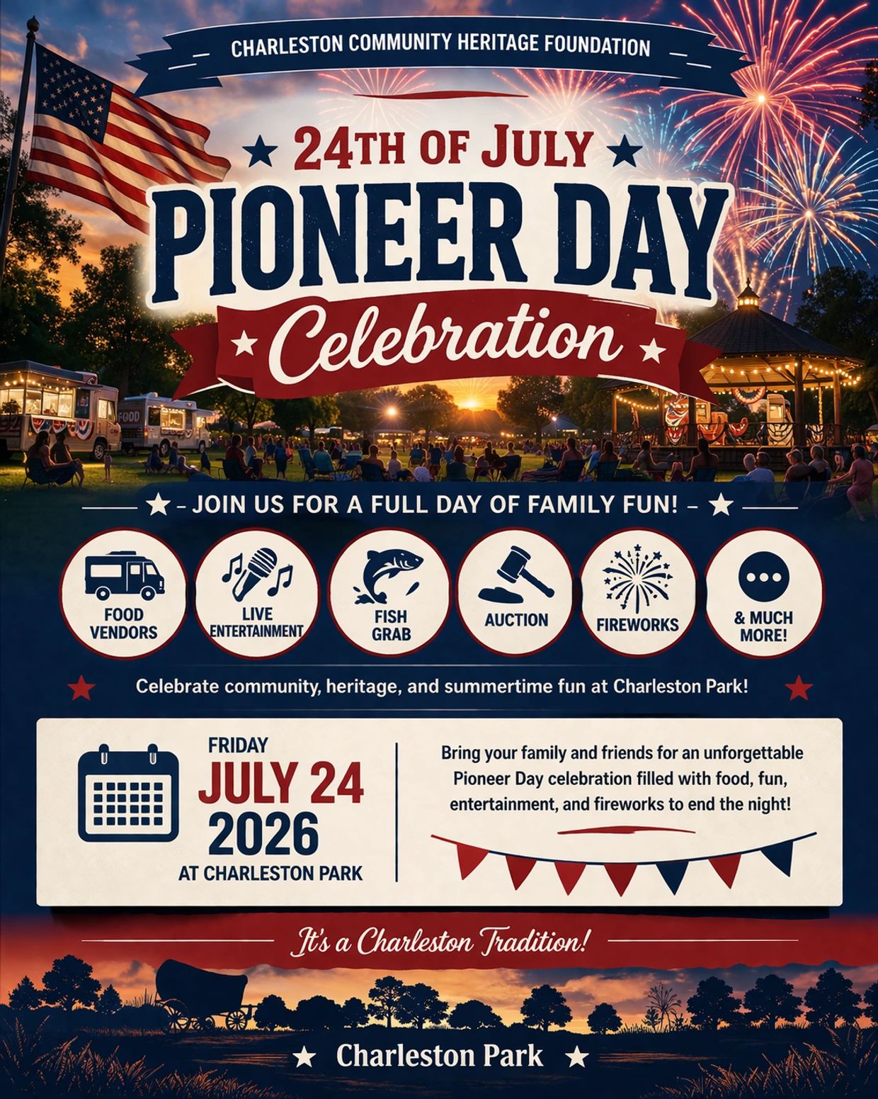Pioneer Day Celebration on July 24, 2026, at Charleston Park with food, entertainment, and fireworks.