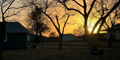 Sunset over Oklahoma farmhouse with silhouette trees