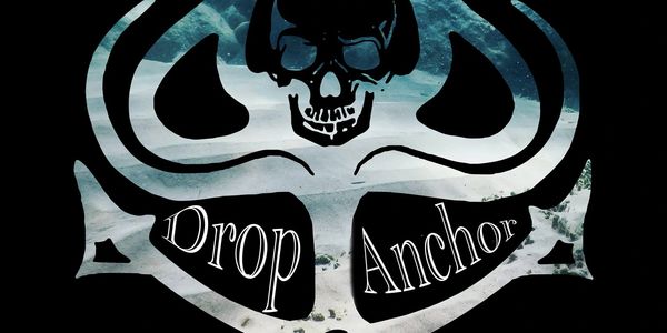Skull and crossbones with ocean background and text.