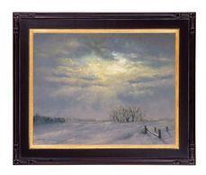 Framed painting of a snowy landscape with a cloudy sky.