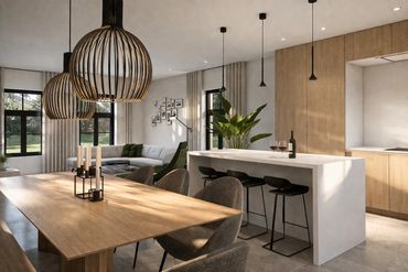 Modern open-plan kitchen and dining area with wooden accents and pendant lighting.
