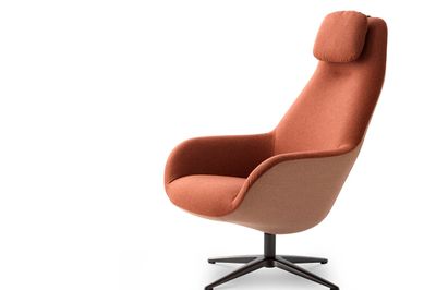 Modern ergonomic orange swivel chair with headrest and armrests.