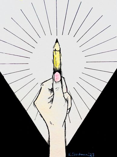 A drawing of a woman's hand holding a pencil.