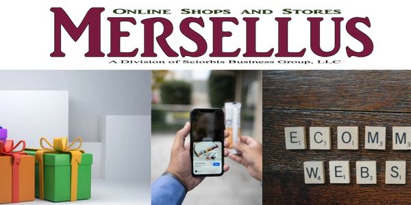 Colorful gift boxes with a person holding a cell phone and a scrabble spelling of Ecommerce Website.