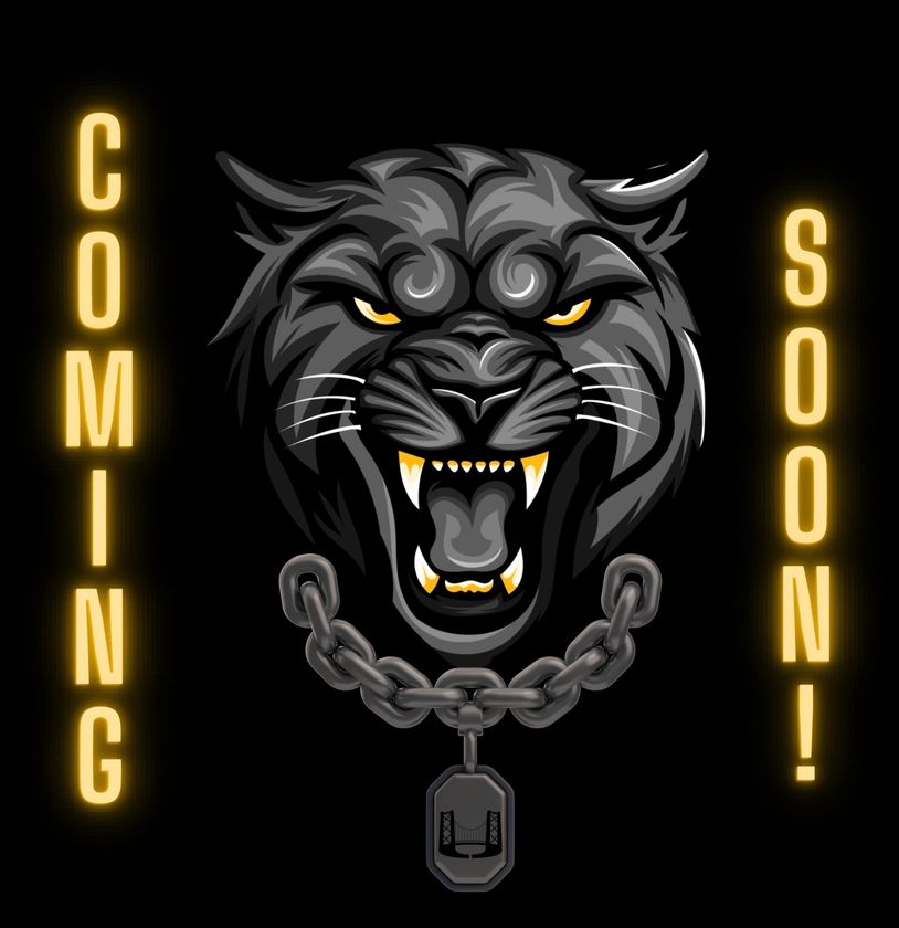 Roaring black panther with chain collar and "Coming Soon!" text.