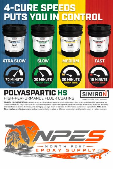 Polyaspartic HS epoxy floor coating with 4 cure speeds: Xtra Slow to Fast.