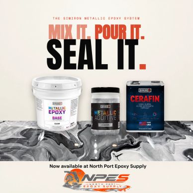 Epoxy product ad showcasing metallic epoxy system components.