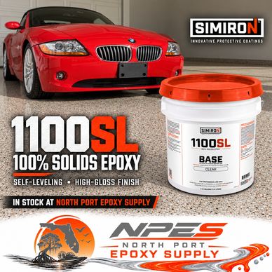 Ad for Simiron 1100SL epoxy with red sports car and epoxy bucket.