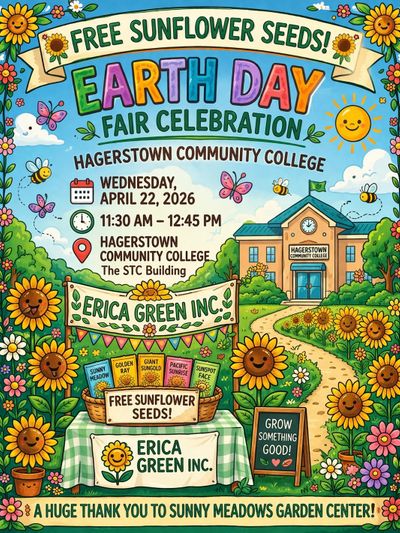 Colorful Earth Day fair poster offering free sunflower seeds at Hagerstown Community College.