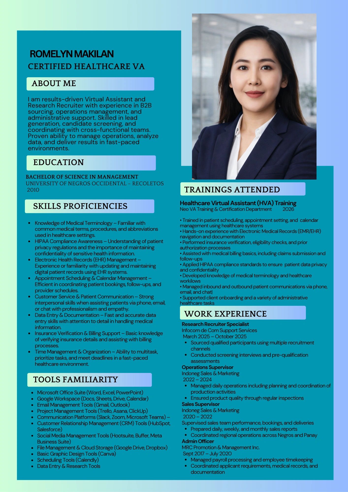 Professional resume of Romelyn Makilan, Certified Healthcare Virtual Assistant with extensive skills and training.