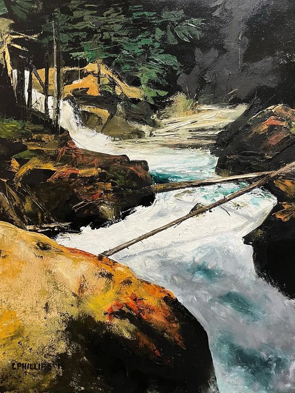 A vibrant painting of a rushing river flowing through rocky terrain and dense forest.