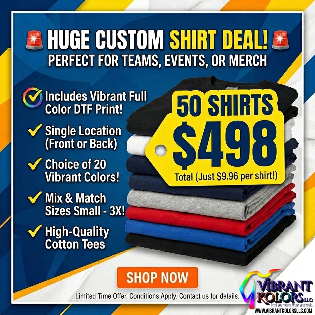 Custom shirt deal: 50 shirts for $498 with vibrant colors and quality cotton.