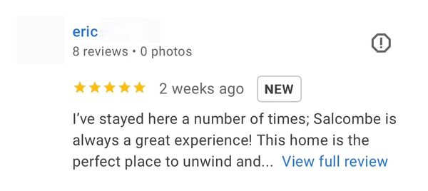 Positive 5-star review praising a place in Salcombe as perfect to unwind.