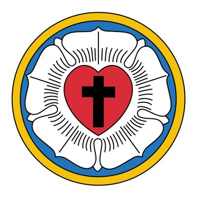 Luther rose symbol with white rose and red heart.