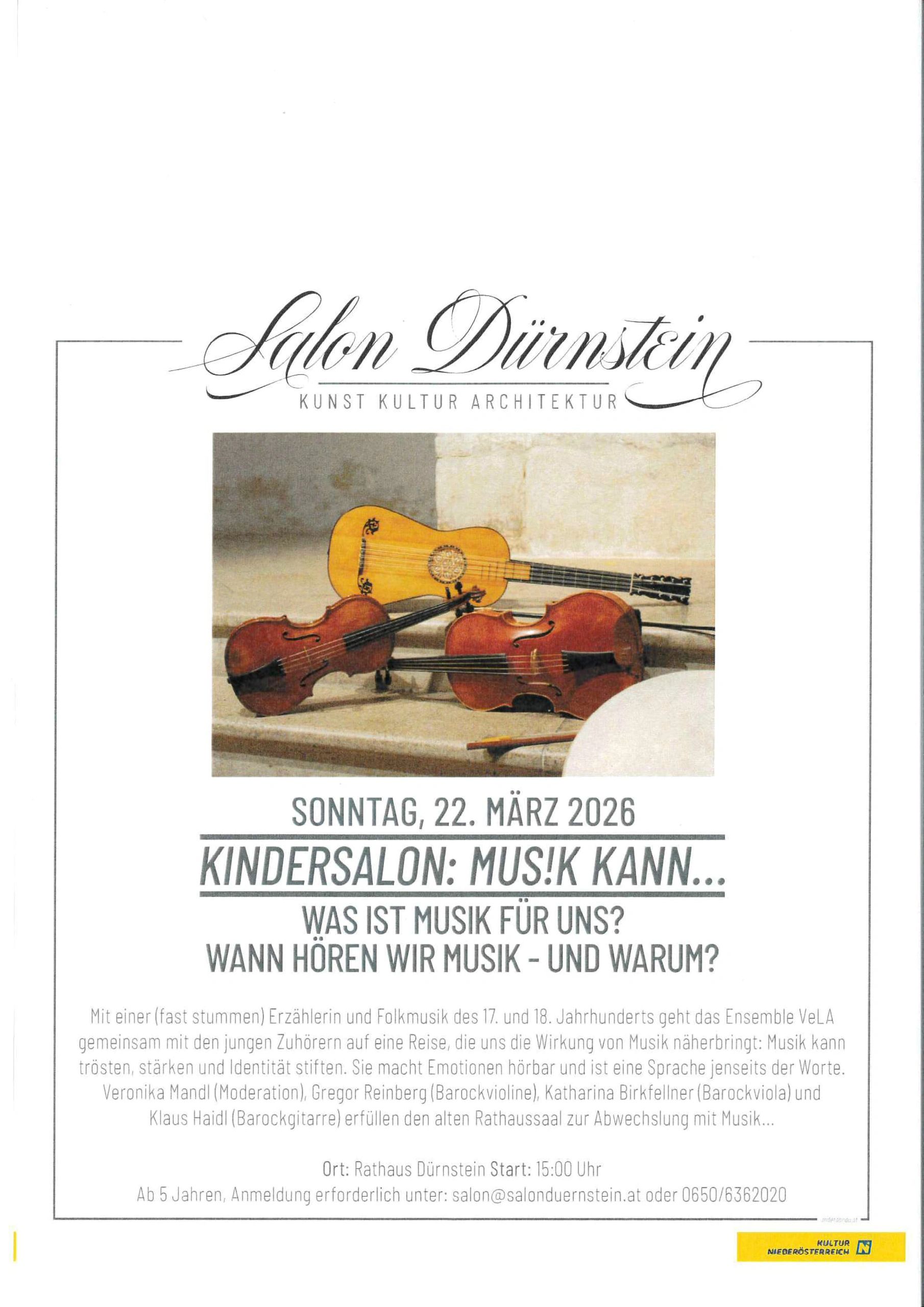 Flyer for a children's music salon event in Dürnstein on March 22, 2026.