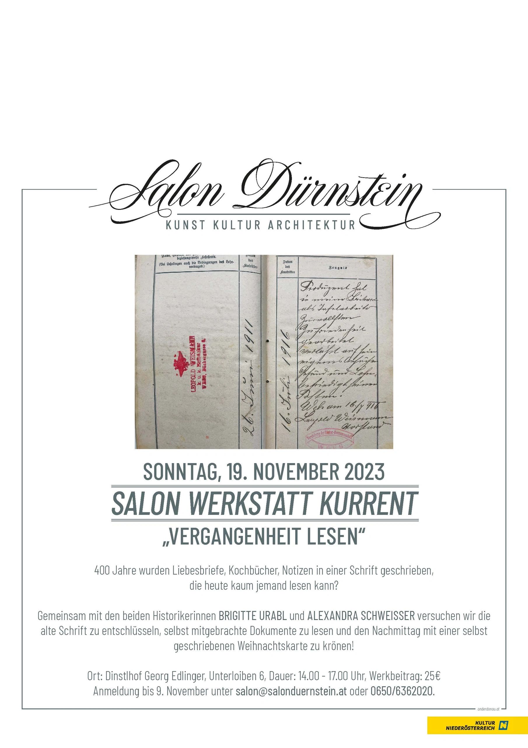 Veranstaltungsankündigung für Salon Werkstatt Kurrent im Salon Dürnstein am 19. November 2023.