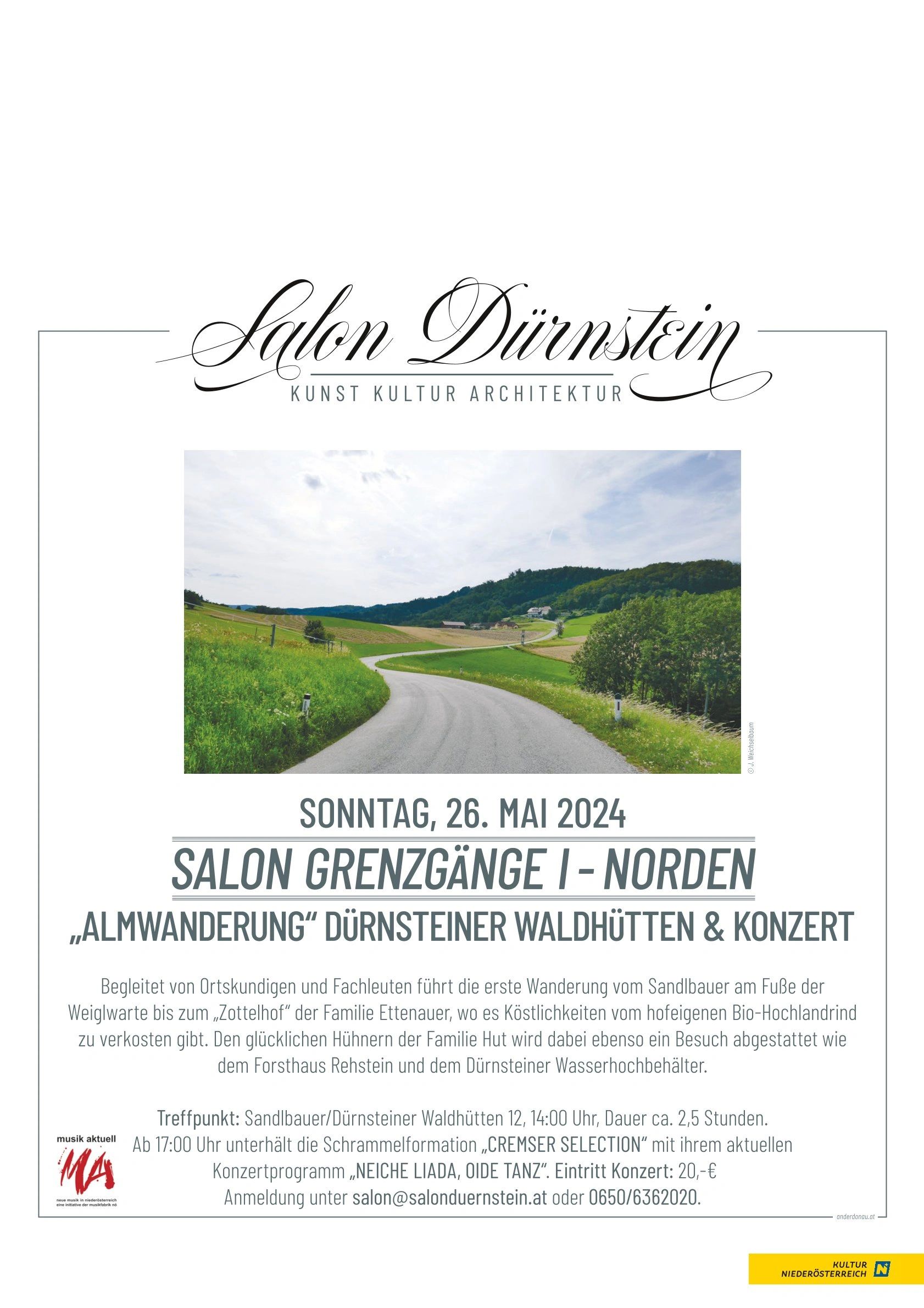 Flyer for Salon Dürnstein's Almwanderung event with concert on May 26, 2024.