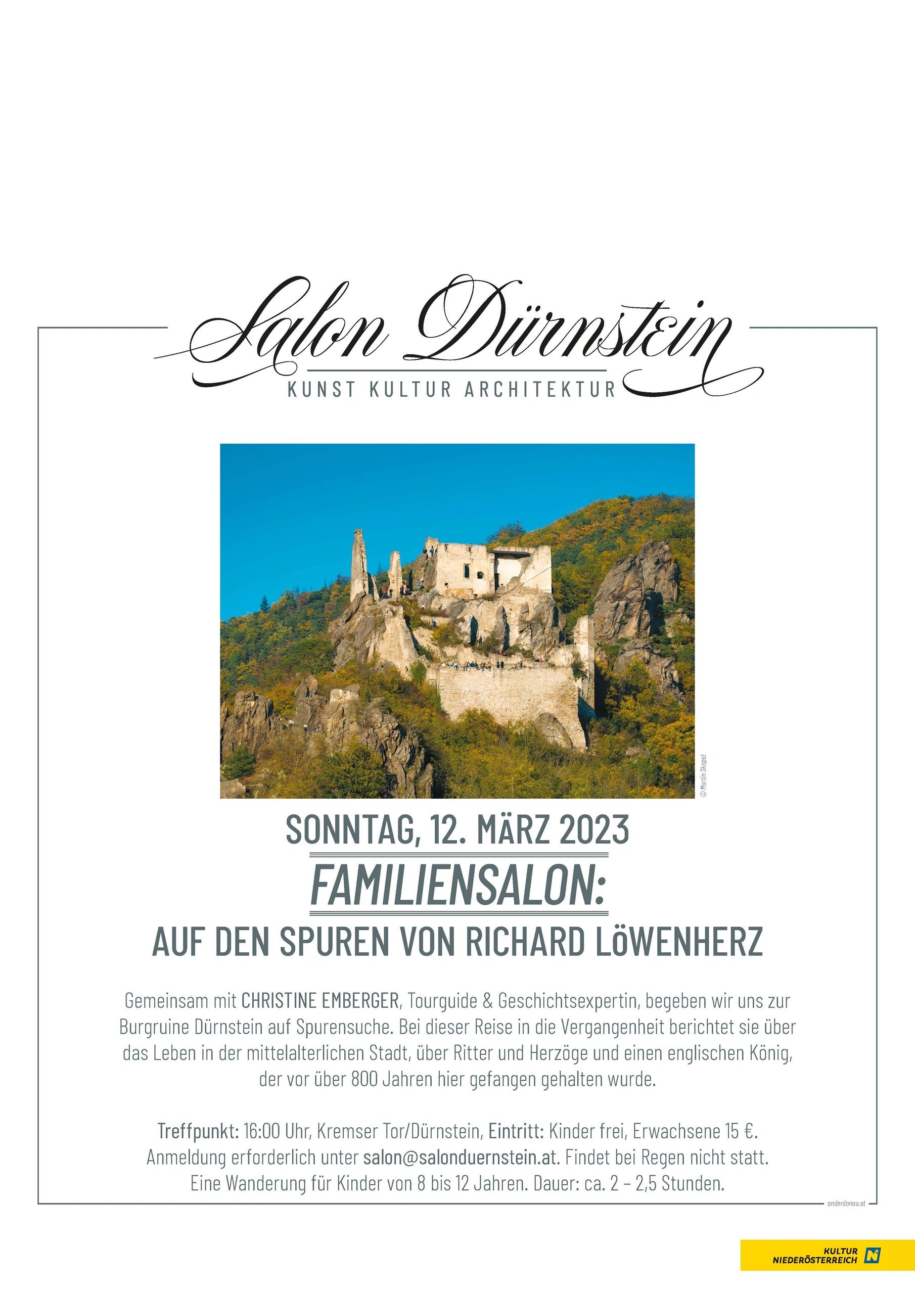 Poster for a family event exploring the ruins of Dürnstein castle.