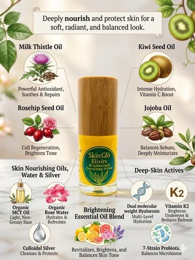 Infographic detailing Skin Glō Elixirs Brightening and Correcting Serum ingredients, highlighting Mi