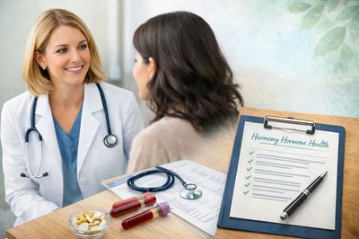 Doctor consulting a patient about hormone health with test tubes and medication on the table.
