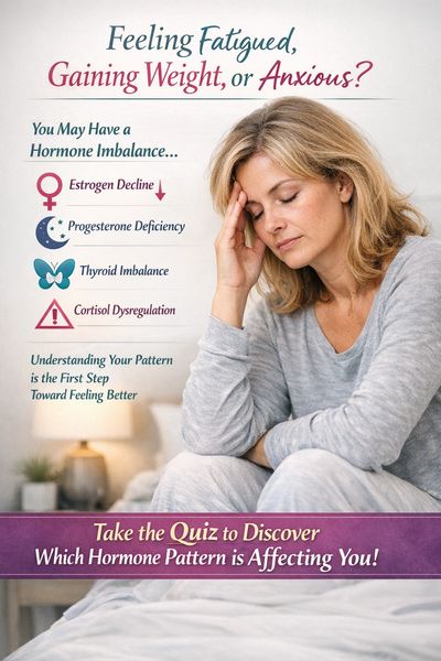 Woman looking fatigued, with text about hormone imbalance and a quiz to identify hormone patterns.