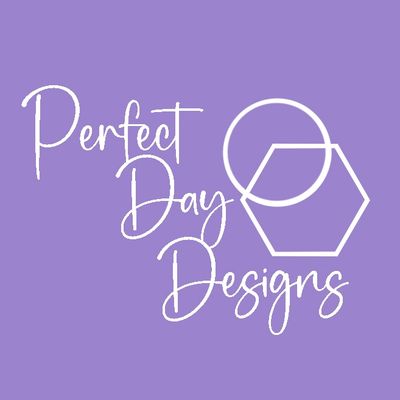 Logo with text 'Perfect Day Designs' and geometric shapes on purple background.
