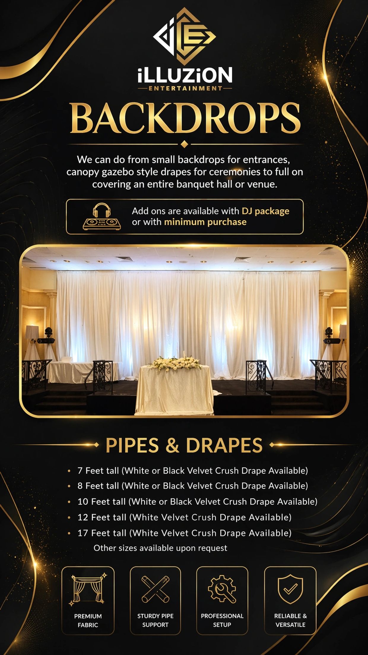 Elegant backdrop setup with white drapes for events by iLLUZiON Entertainment.