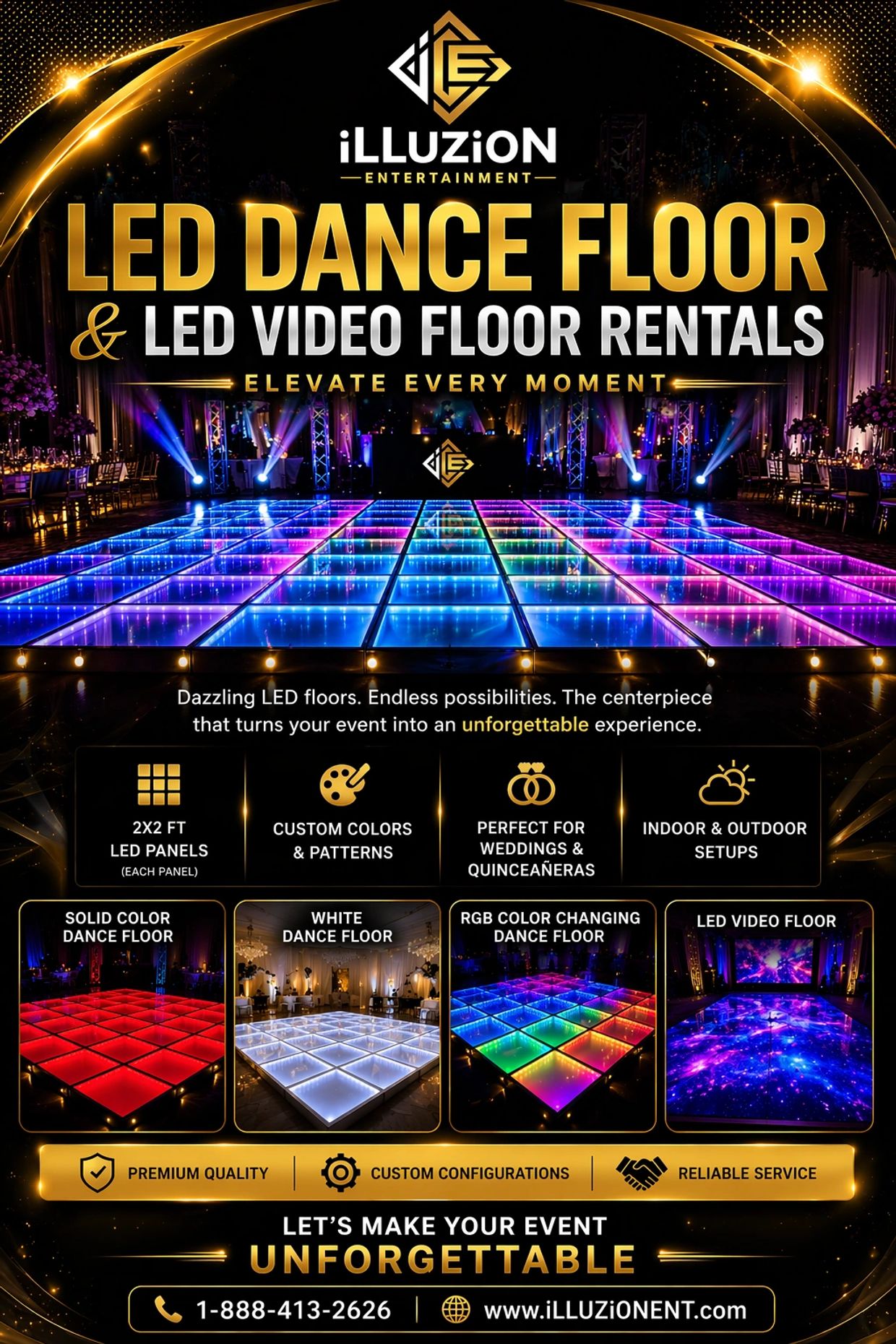 Colorful LED dance floors for weddings and events with custom options.