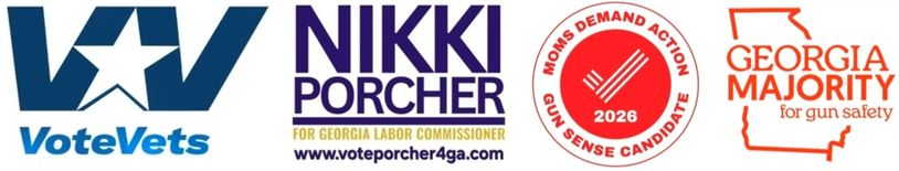 Logos of VoteVets, Nikki Porcher, Moms Demand Action, and Georgia Majority for gun safety.
