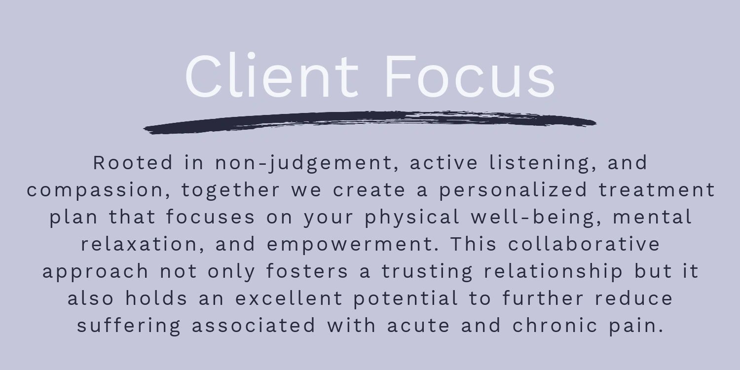 Client focus
personalized treatment plan focusing on your physical well-being and mental relaxation