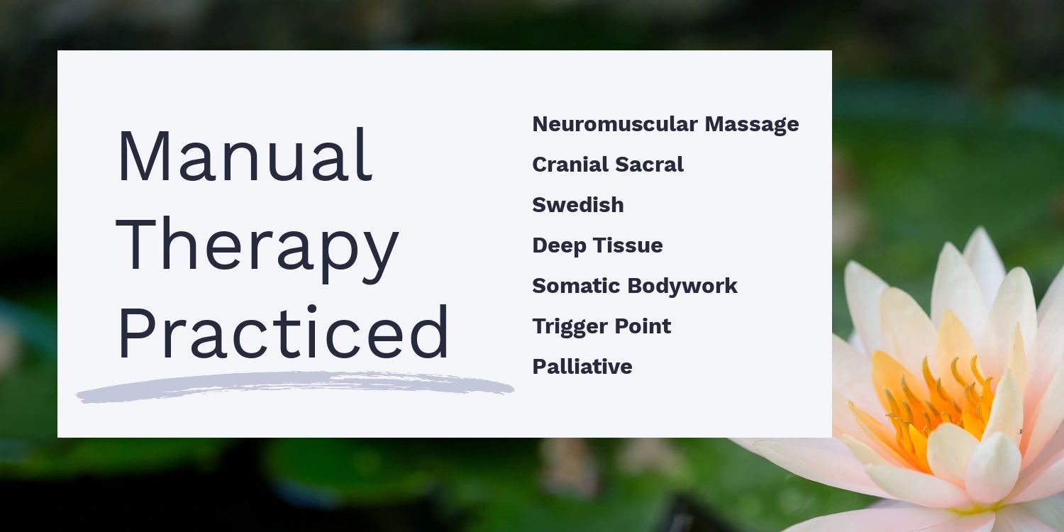 Manual Therapy Practice
Neuromuscular 
cranial sacral
swedish
deep tissue
somatic bodywork
trigger
